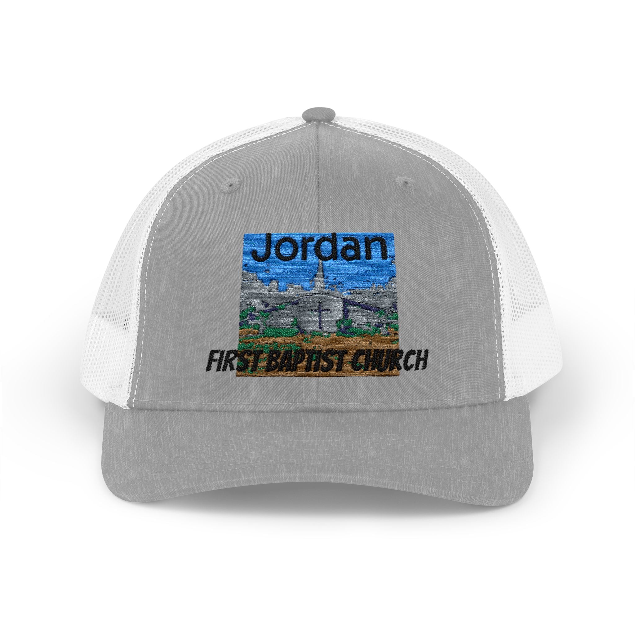Jordan Scenic Trucker Cap — Embroidered Mountain Church Snapback